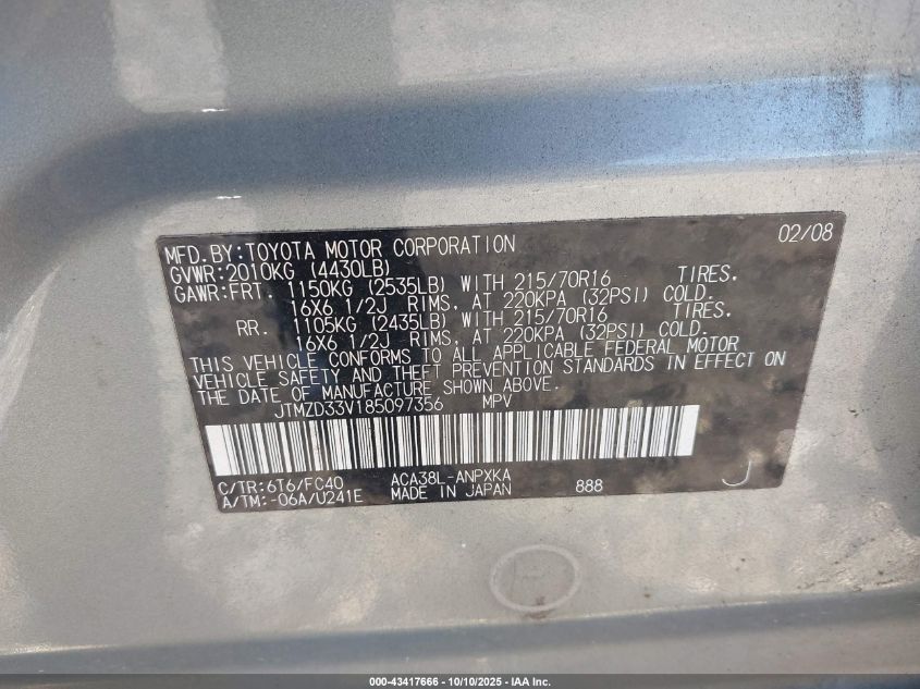 2008 Toyota Rav4 VIN: JTMZD33V185097356 Lot: 43417666