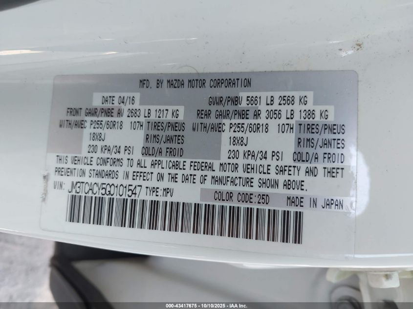 2016 Mazda Cx-9 Touring VIN: JM3TCACY5G0101547 Lot: 43417675