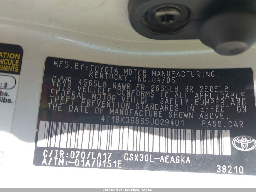 2005 Toyota Avalon Xls VIN: 4T1BK36B65U029401 Lot: 43417692