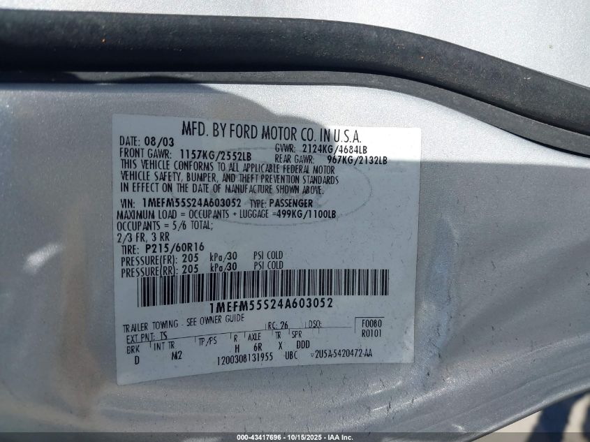 2004 Mercury Sable Ls Premium VIN: 1MEFM55S24A603052 Lot: 43417696