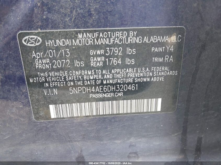 2013 Hyundai Elantra Limited VIN: 5NPDH4AE6DH320461 Lot: 43417702