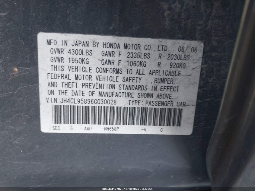 2006 Acura Tsx VIN: JH4CL95896C030028 Lot: 43417707