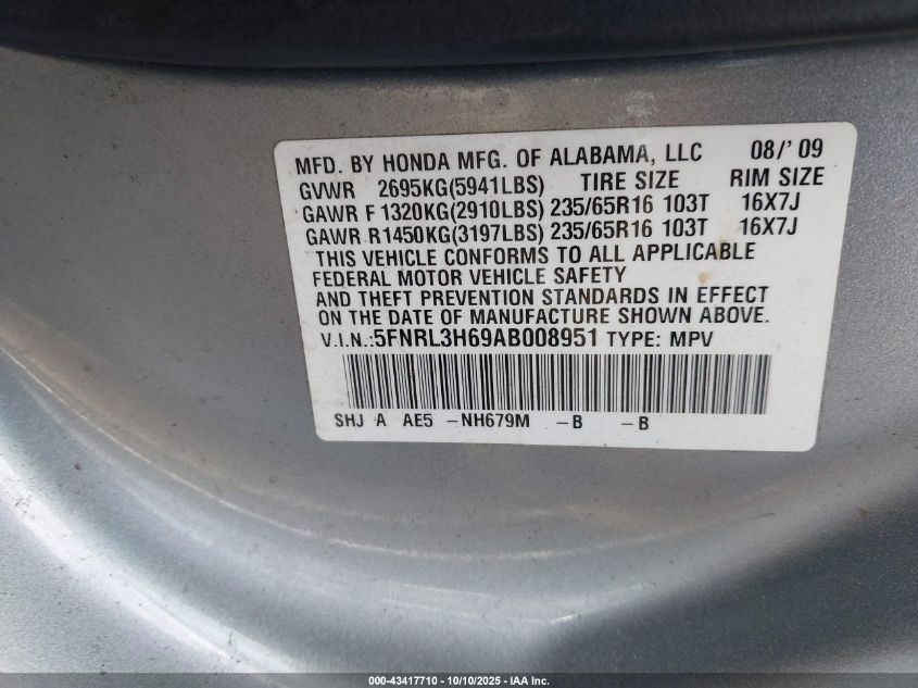 2010 Honda Odyssey Ex-L VIN: 5FNRL3H69AB008951 Lot: 43417710