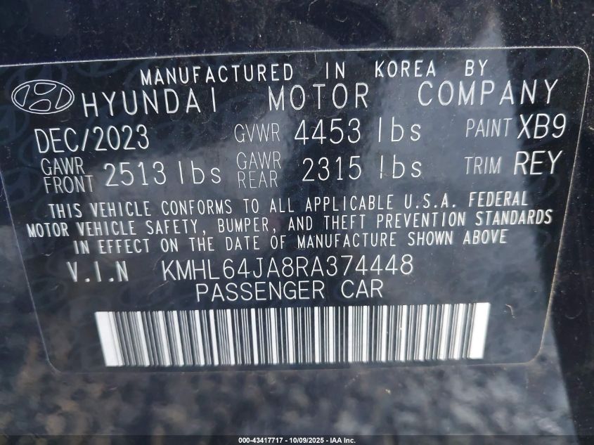 2024 Hyundai Sonata Sel VIN: KMHL64JA8RA374448 Lot: 43417717