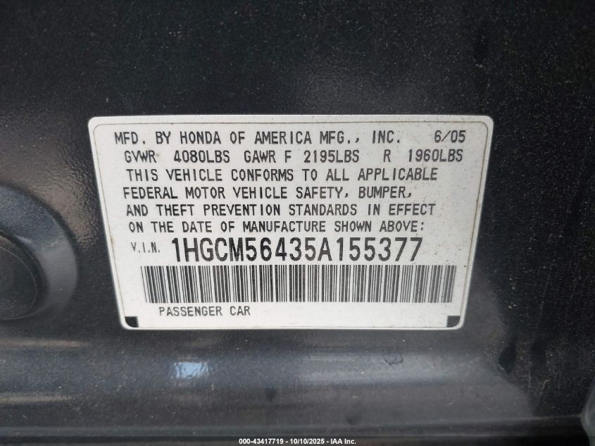 2005 Honda Accord 2.4 Lx VIN: 1HGCM56435A155377 Lot: 43417719