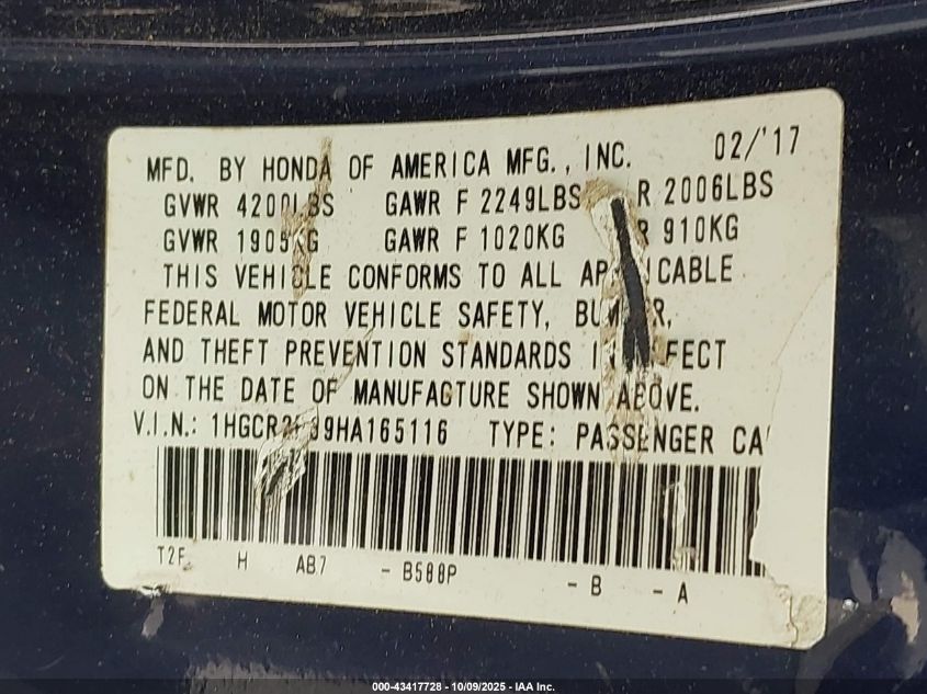 2017 Honda Accord Lx VIN: 1HGCR2F39HA165116 Lot: 43417728