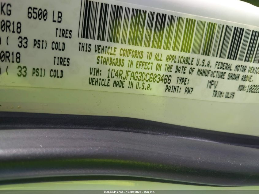 2013 Jeep Grand Cherokee Laredo VIN: 1C4RJFAG3DC603466 Lot: 43417745