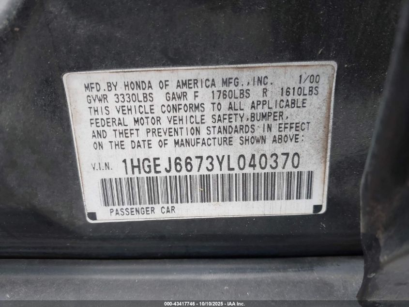 2000 Honda Civic Lx VIN: 1HGEJ6673YL040370 Lot: 43417746