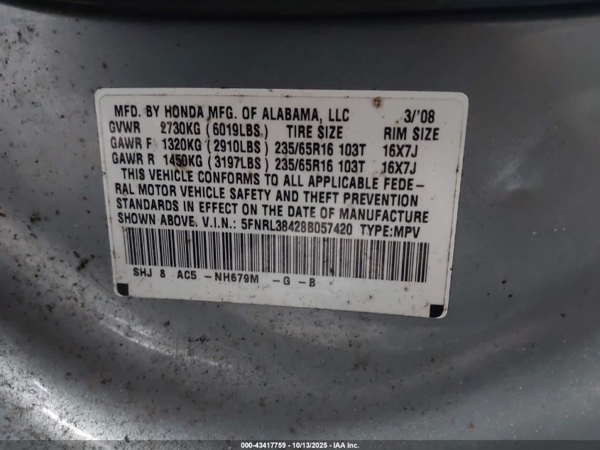 2008 Honda Odyssey Ex VIN: 5FNRL38428B057420 Lot: 43417759