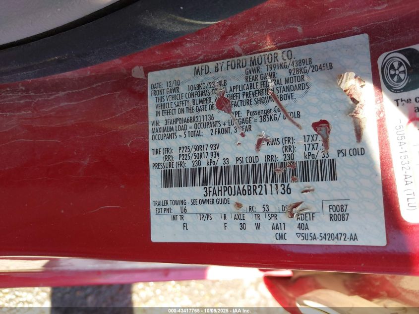 2011 Ford Fusion Sel VIN: 3FAHP0JA6BR211136 Lot: 43417765