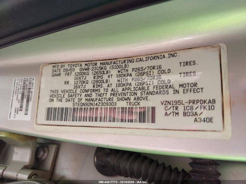 2004 Toyota Tacoma Prerunner V6 VIN: 5TEGN92N14Z309303 Lot: 43417773