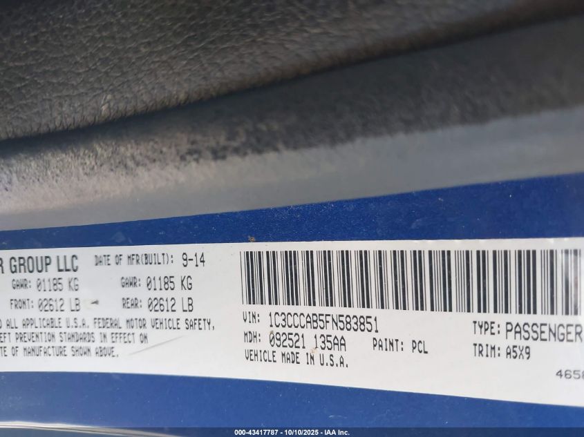 2015 Chrysler 200 Limited VIN: 1C3CCCAB5FN583851 Lot: 43417787