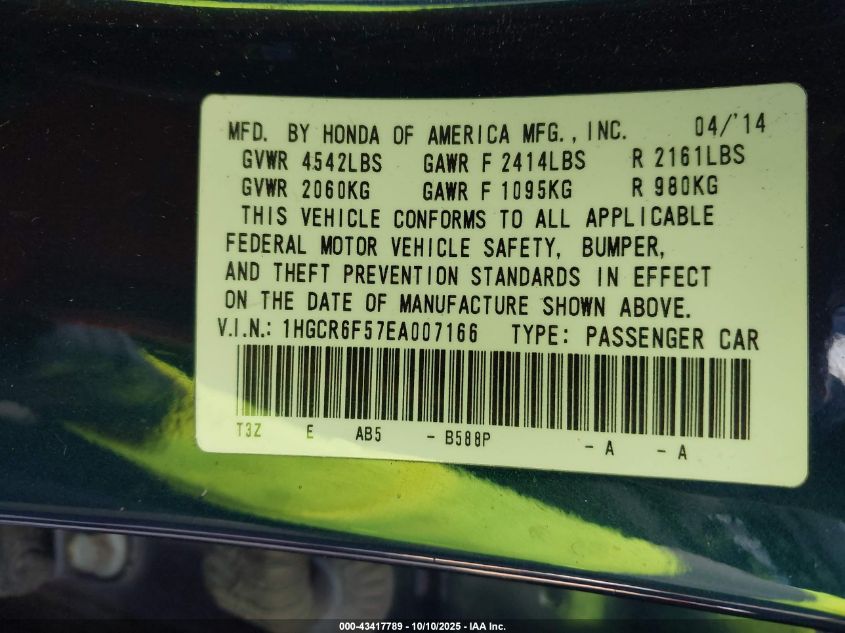 2014 Honda Accord Hybrid Ex-L VIN: 1HGCR6F57EA007166 Lot: 43417789