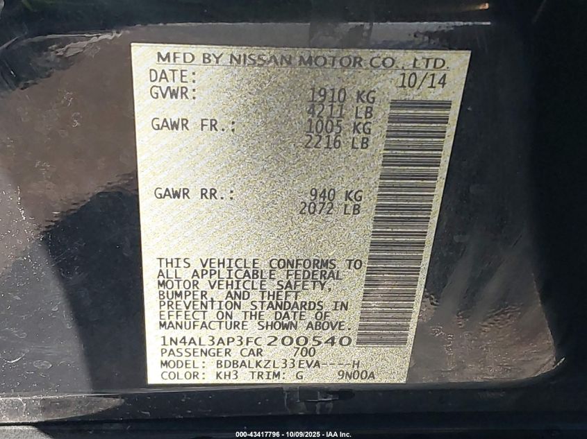 2015 Nissan Altima 2.5 Sv VIN: 1N4AL3AP3FC200540 Lot: 43417796