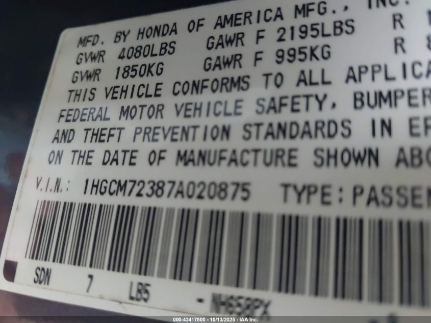 2007 Honda Accord 2.4 Lx VIN: 1HGCM72387A020875 Lot: 43417800