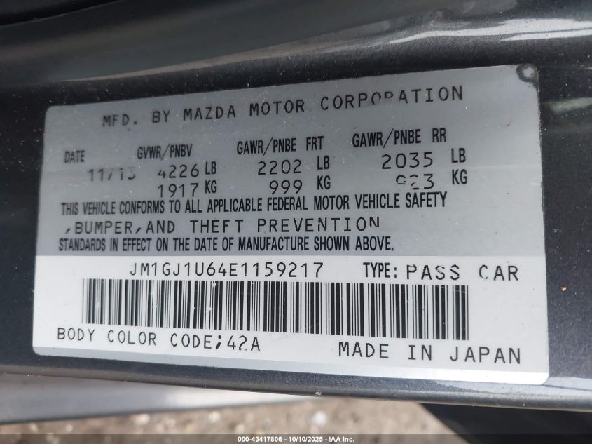 2014 Mazda Mazda6 I Sport VIN: JM1GJ1U64E1159217 Lot: 43417806