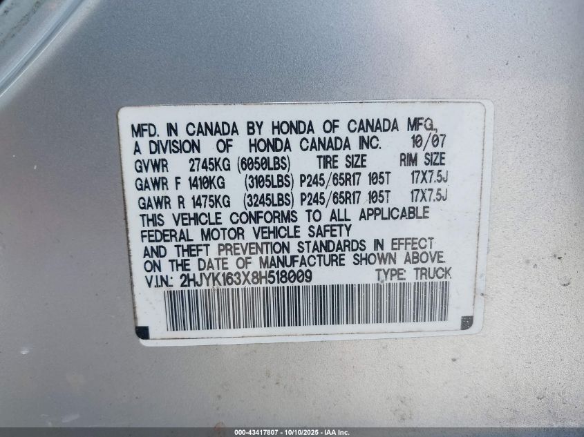 2008 Honda Ridgeline Rtx VIN: 2HJYK163X8H518009 Lot: 43417807