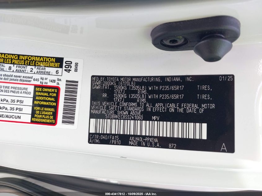 2025 Toyota Sienna Le VIN: 5TDBRKEC8SS241060 Lot: 43417812