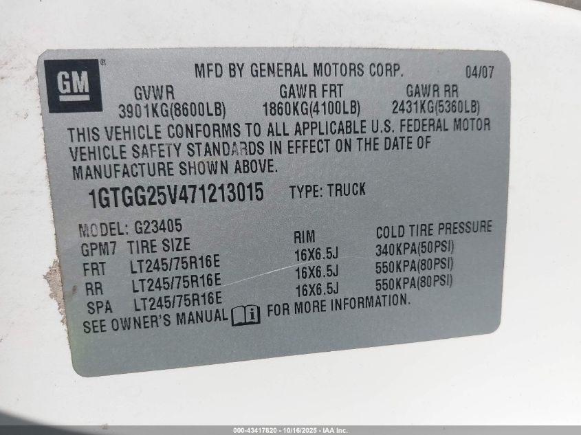 2007 GMC Savana Work Van VIN: 1GTGG25V471213015 Lot: 43417820
