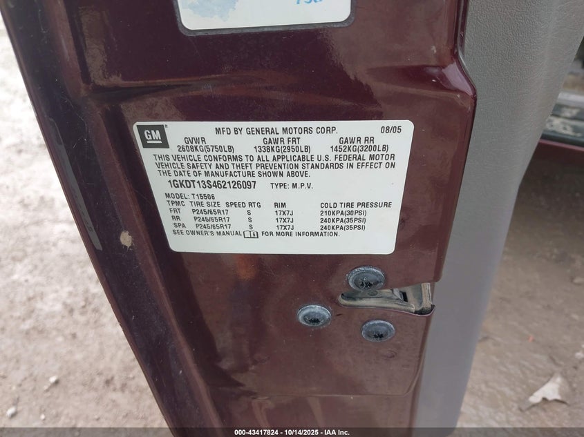 2006 GMC Envoy Slt VIN: 1GKDT13S462126097 Lot: 43417824