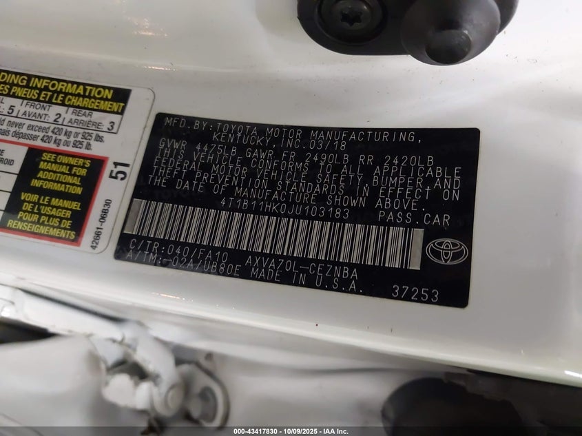 2018 Toyota Camry Le VIN: 4T1B11HK0JU103183 Lot: 43417830