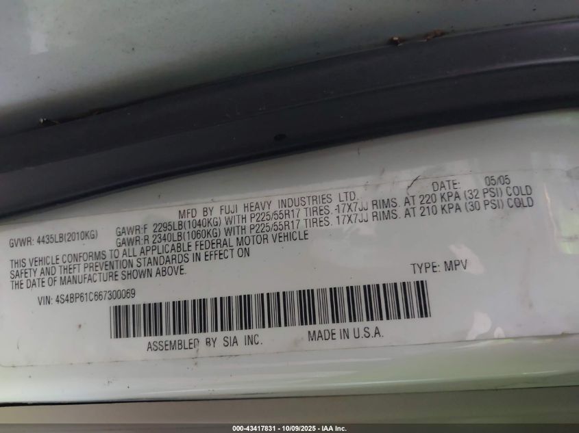 2006 Subaru Outback 2.5I VIN: 4S4BP61C667300069 Lot: 43417831