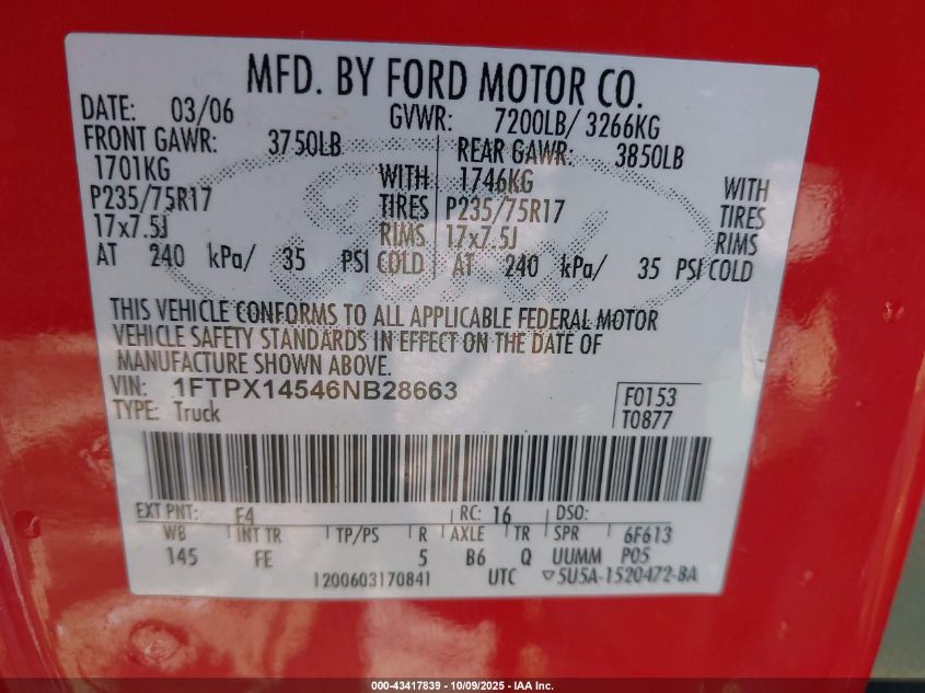 2006 Ford F-150 Fx4/Lariat/Xl/Xlt VIN: 1FTPX14546NB28663 Lot: 43417839