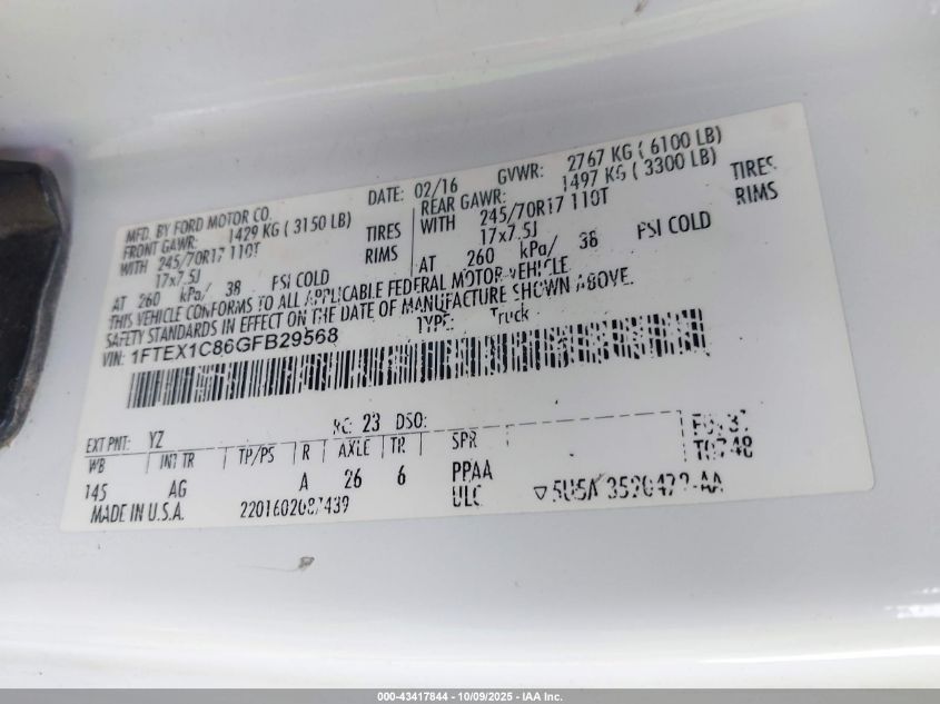 2016 Ford F-150 Xl VIN: 1FTEX1C86GFB29568 Lot: 43417844