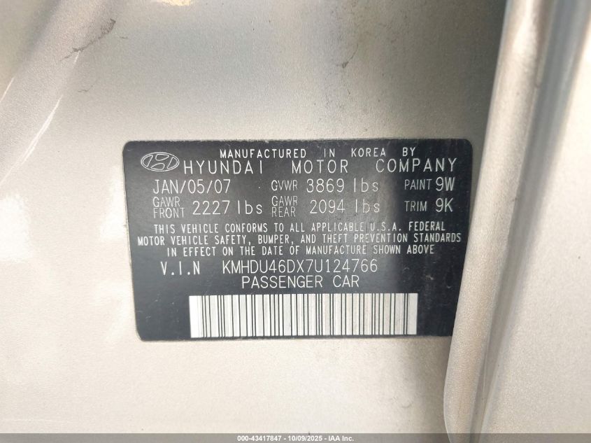 2007 Hyundai Elantra Gls/Limited/Se VIN: KMHDU46DX7U124766 Lot: 43417847