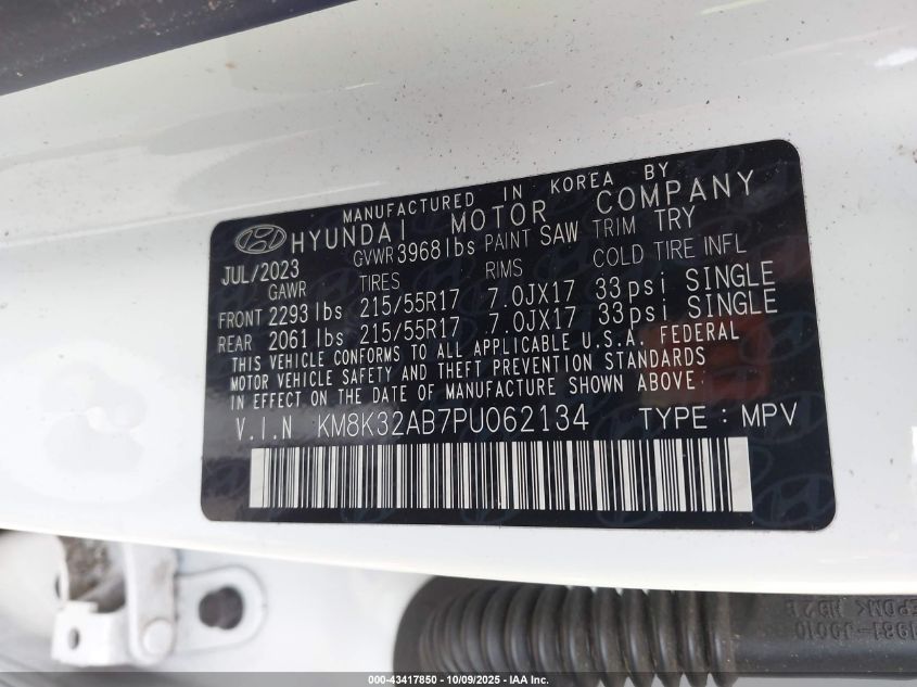 2023 Hyundai Kona Sel VIN: KM8K32AB7PU062134 Lot: 43417850
