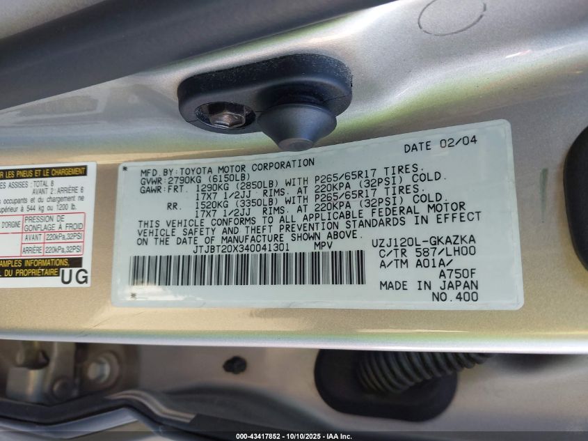 2004 Lexus Gx 470 VIN: JTJBT20X340041301 Lot: 43417852