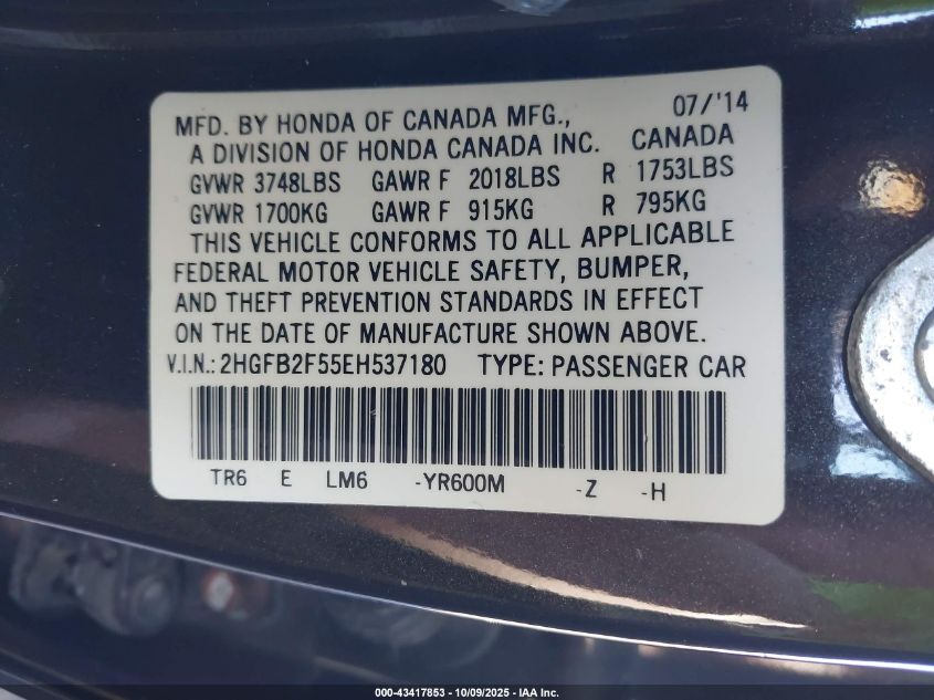 2014 Honda Civic Lx VIN: 2HGFB2F55EH537180 Lot: 43417853