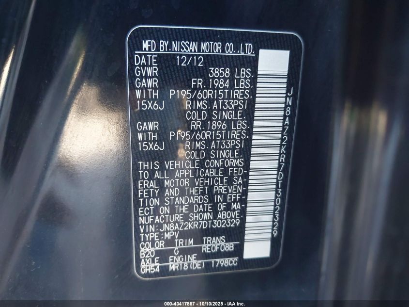 2013 Nissan Cube 1.8 S VIN: JN8AZ2KR7DT302329 Lot: 43417867