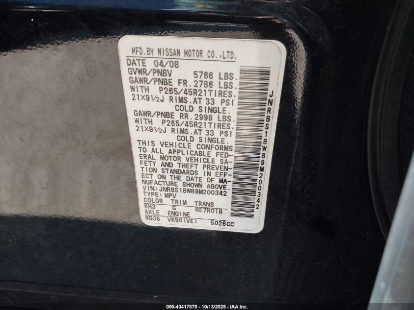 2009 Infiniti Fx50 VIN: JNRBS18W89M200342 Lot: 43417870