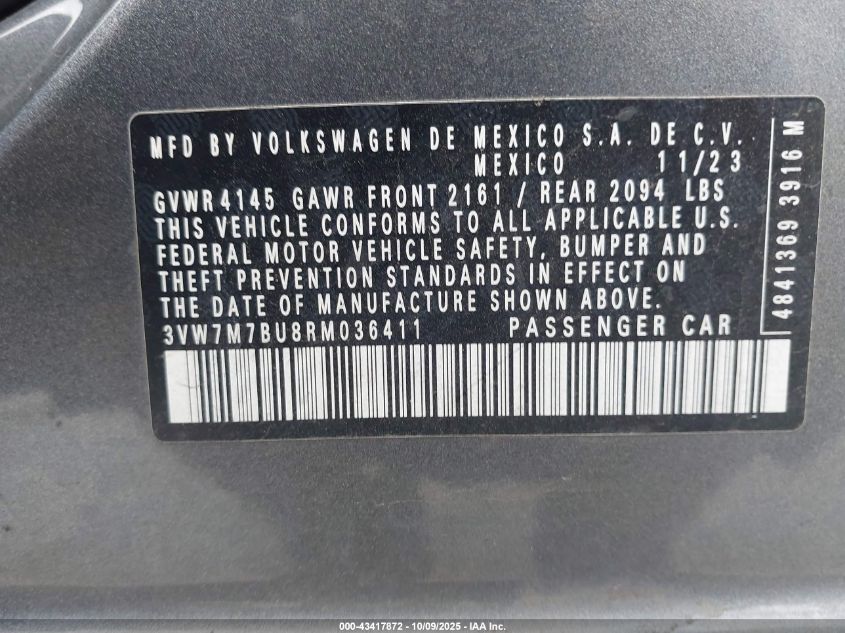 2024 Volkswagen Jetta 1.5T Se VIN: 3VW7M7BU8RM036411 Lot: 43417872