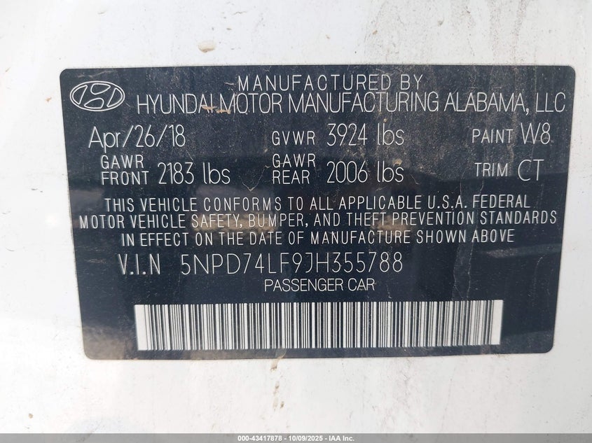VIN 5NPD74LF9JH355788 2018 HYUNDAI ELANTRA SE