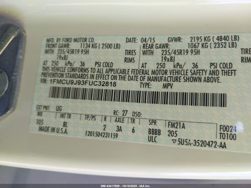 2015 Ford Escape Titanium VIN: 1FMCU9J93FUC32818 Lot: 43417889