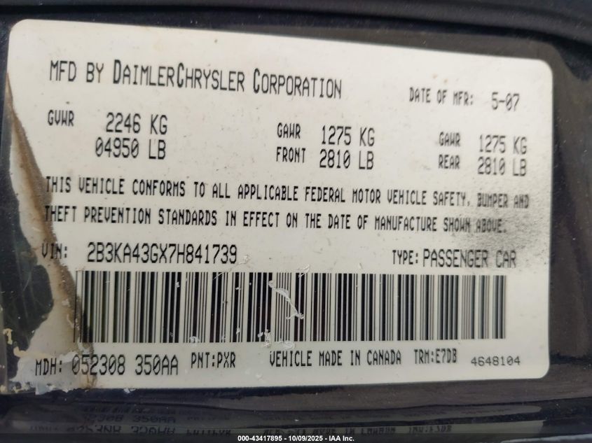 2007 Dodge Charger Se/Sxt VIN: 2B3KA43GX7H841739 Lot: 43417895