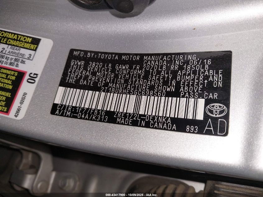 2016 Toyota Corolla Le VIN: 2T1BURHE5GC698560 Lot: 43417900