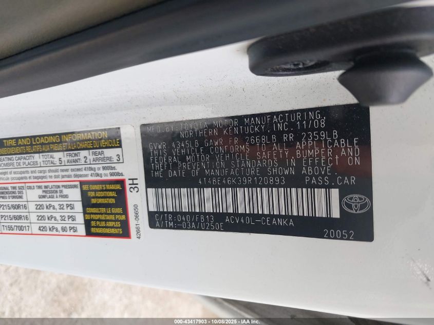 2009 Toyota Camry Le VIN: 4T4BE46K39R120893 Lot: 43417903