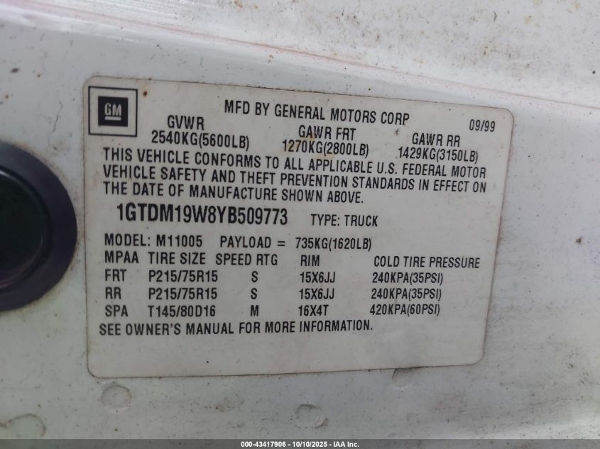 2000 GMC Safari Standard VIN: 1GTDM19W8YB509773 Lot: 43417906