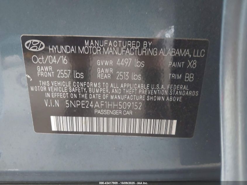 2017 Hyundai Sonata VIN: 5NPE24AF1HH509152 Lot: 43417909