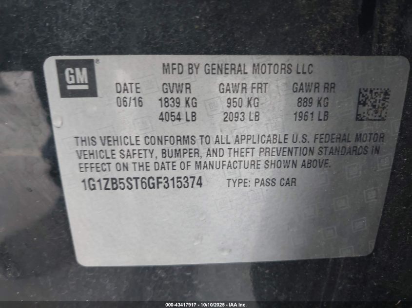 2016 Chevrolet Malibu Ls VIN: 1G1ZB5ST6GF315374 Lot: 43417917