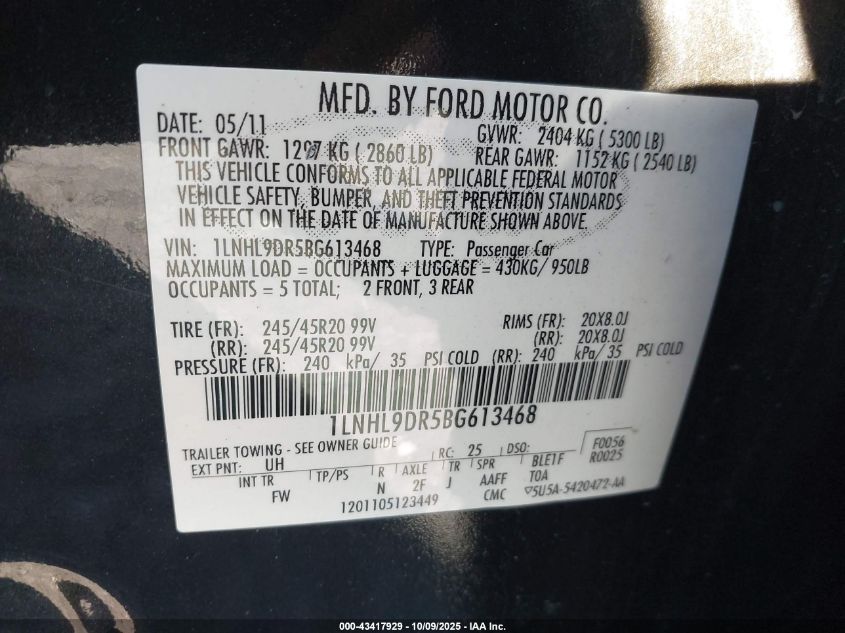 2011 Lincoln Mks VIN: 1LNHL9DR5BG613468 Lot: 43417929