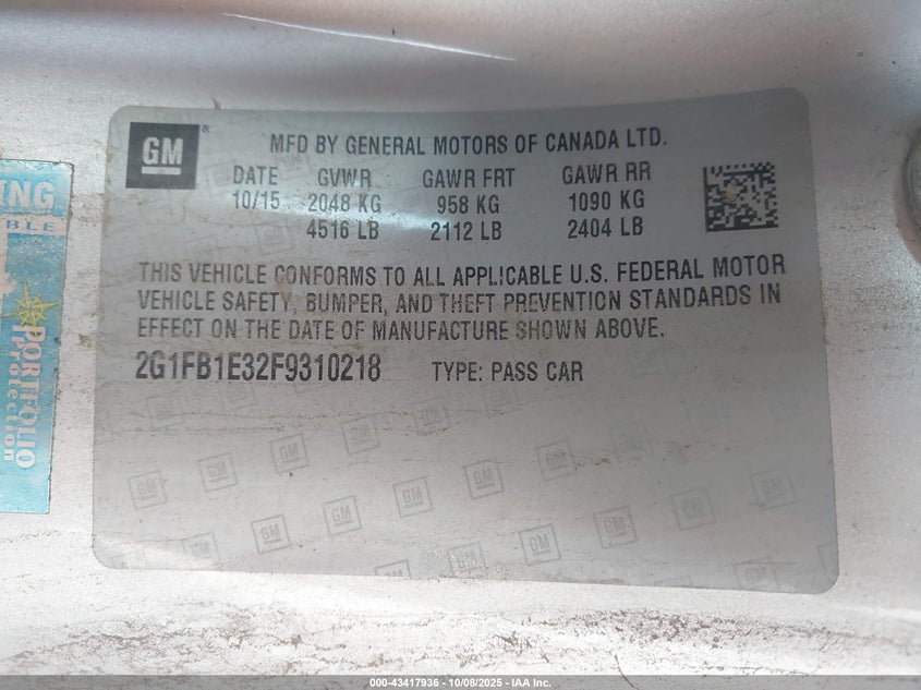 2015 Chevrolet Camaro 2Ls VIN: 2G1FB1E32F9310218 Lot: 43417936