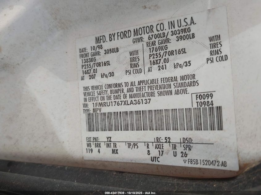 1999 Ford Expedition Eddie Bauer/Xlt VIN: 1FMRU1767XLA36137 Lot: 43417939