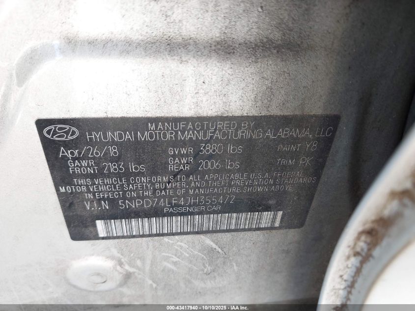 2018 Hyundai Elantra Se VIN: 5NPD74LF4JH355472 Lot: 43417940