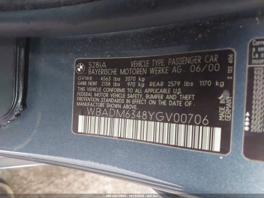 2000 BMW 528Ia VIN: WBADM6348YGV00706 Lot: 43417949