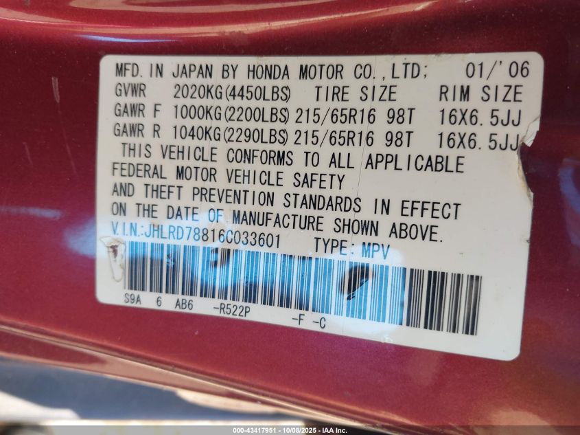 2006 Honda Cr-V Ex VIN: JHLRD78816C033601 Lot: 43417951