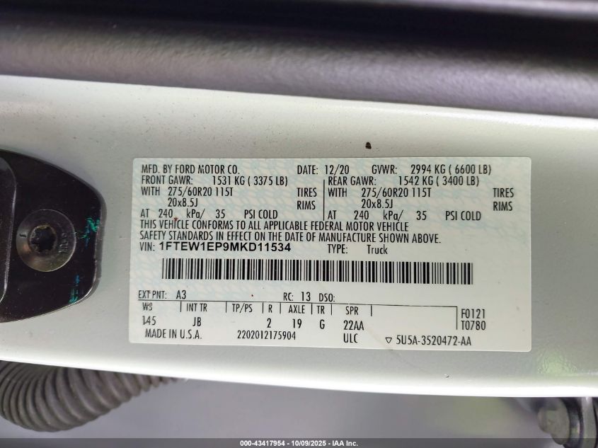 2021 Ford F-150 Xl VIN: 1FTEW1EP9MKD11534 Lot: 43417954